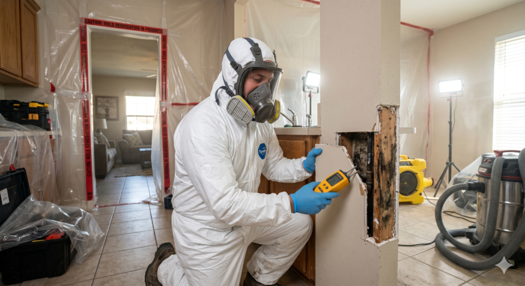 A licensed mold remediation contractor texas wearing protective equipment inspecting a residential wall for water damage.